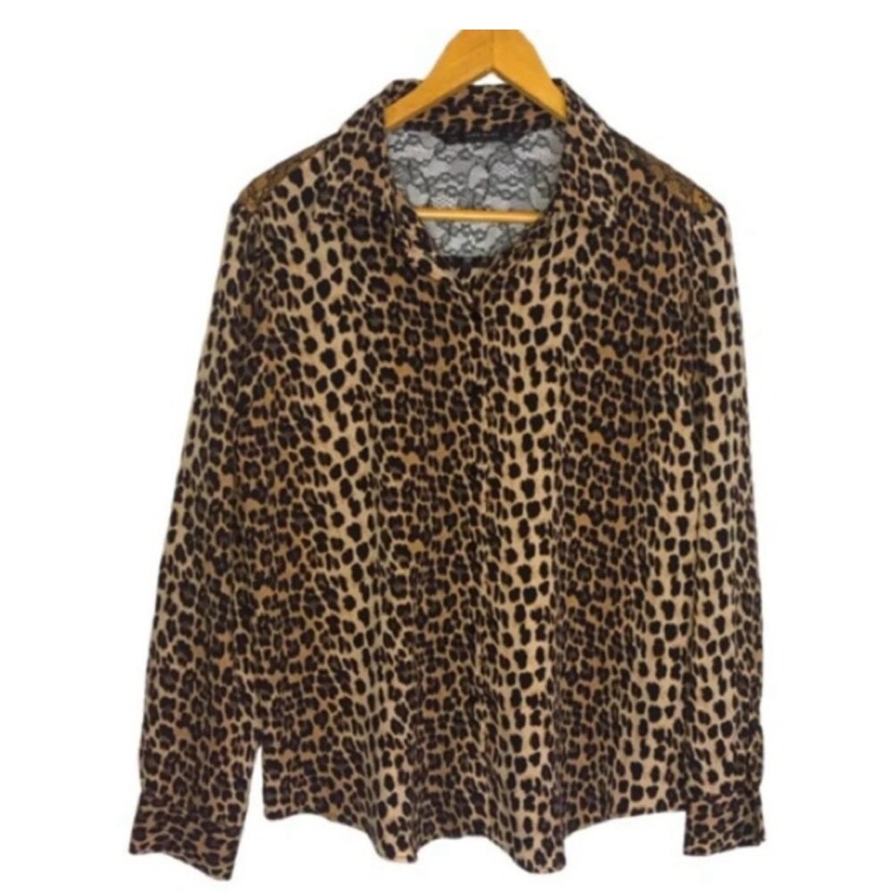Zara  Blouse Womens Large Animal Print Black Lace Back Insert Leopard Mob Wife